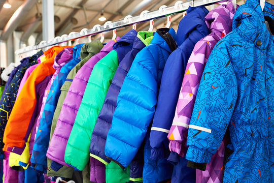Winter children sports jacket on hanger in store