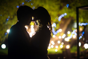wedding couple in magical night forest decorated light garlands silhouette