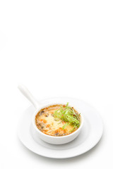 Julienne with chicken and mushrooms in a white bowl