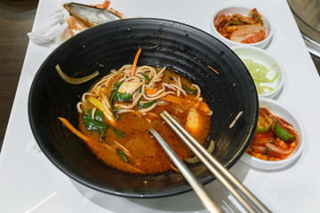 Close up leftover Jjamppong Korean noodle
