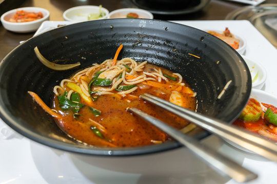 Close up leftover Jjamppong Korean noodle