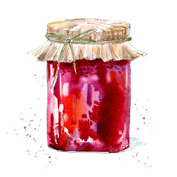 Glass jar with jam. Cranberry dessert. Watercolor hand drawn illustration.