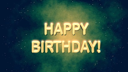 3d rendering picture of golden happy birthday text against deep space star field background. Vintage photo filter effect.
