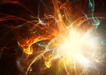 Explosion of a star. Bright flash. Abstract glowing futuristic background with lighting effect for creative design. Shiny decoration for wallpaper desktop, poster, cover booklet, flyer. Fractal art