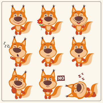 Funny little squirrel set in different poses. Collection isolated squirrel in cartoon style.