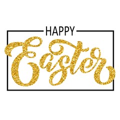 Hand lettering Happy Easter inscription, with golden glitter metallic texture, in square frame isolated on white background. Vector illustration. Can be used for holiday design.