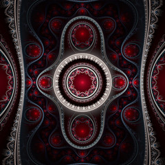 Abstract red and white on black background. Ornate dark pattern. Beautiful decoration for Valentine,  wallpaper desktop, cover booklet, flyer, album, invitation for holiday. Fractal artwork