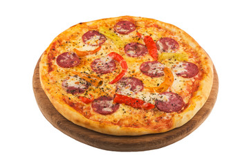 spicy pizza with salami and red peppers