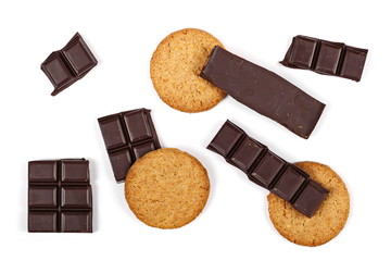 chocolate bars and round wholewheat biscuits with hazelnut isolated on white background