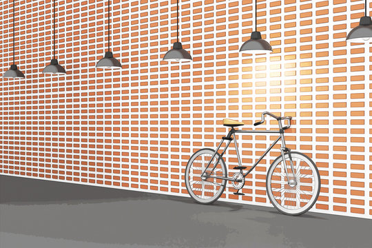 3D rendering : illustration of retro bicycle and vintage lamp hanging on the roof against of the red brick wall.background.hipster. comic halftone picture style process