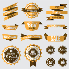 set of yellow badges , labels and ribbons. flat design concept. branding and sale decoration. vector illustration.