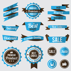 set of blue badges , labels and ribbons. flat design concept. branding and sale decoration. vector illustration.