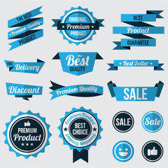 set of blue badges , labels and ribbons. flat design concept. branding and sale decoration. vector illustration.