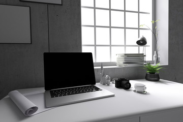 3D Rendering : illustration of modern interior Creative designer office desktop with PC computer.close up pc laptops mock up working place of graphic design.Mock up.shiny floor.light from outside