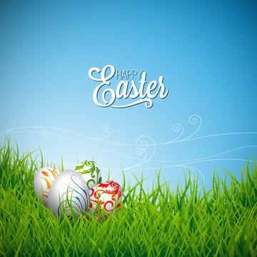 Vector Easter holiday Illustration with painted eggs on grass background.