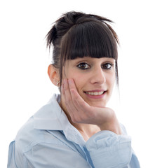 Portrait of a smiling young brunette woman on white