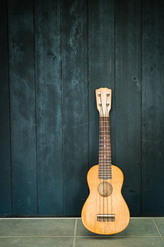 ukulele with black wall background