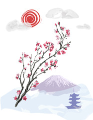 Fototapeta premium Realistic Sakura Blossom - Japanese Cherry Tree. Artistic Branch Plum Blossom.