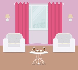 Living room in a pink color, it has white armchairs and crimson curtain. There are also cups of coffee and cakes on the table in the picture. Vector flat illustration.
