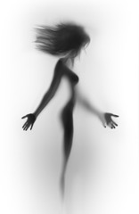 Beautiful, standing sexy woman silhouette, hands, tits, flying long hair