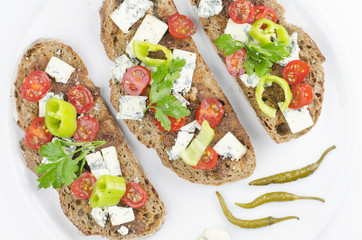 Healthy Breakfast. Home Baked Bread With Olive Pesto, Blue Cheese, Vegetables And Spices