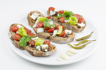 Healthy Breakfast. Home Baked Bread With Olive Pesto, Blue Cheese, Vegetables And Spices