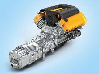 Automotive engine gearbox assembly on blue gradient background 3D illustration
