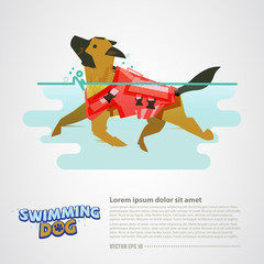 Dog with lifeguard swimming in ther water - vector