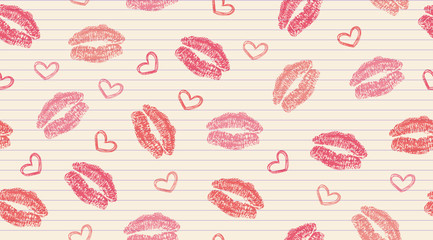 seamless pattern with lips traces and hearts