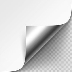 Vector Curled Silver Metalic Corner of White Paper with Shadow Mock up Close up Isolated on Transparent Background