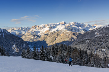Fototapeta na wymiar Morning view of Dolomites at Belvedere valley near Canazei of Val di Fassa, Trentino-Alto-Adige region, Italy.