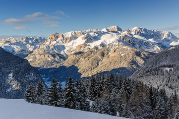 Fototapeta na wymiar Morning view of Dolomites at Belvedere valley near Canazei of Val di Fassa, Trentino-Alto-Adige region, Italy.