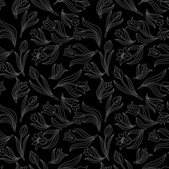 black white Seamless floral pattern with tulips. Vector illustration.