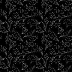 black white Seamless floral pattern with tulips. Vector illustration.