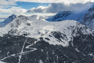 Fototapeta na wymiar Morning view of Dolomites from Belvedere valley near Canazei of Val di Fassa, Trentino-Alto-Adige region, Italy.