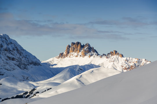 Morning view of Dolomites from  Belvedere valley near Canazei of Val di Fassa, Trentino-Alto-Adige region, Italy.