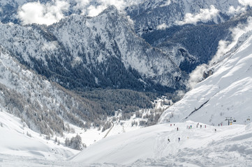 Cloudy view of Dolomites near Val di Fassa, Trentino-Alto-Adige region, Italy.