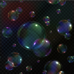 Vector seamless pattern of realistic soap bubbles on the transparent background.