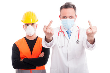 Angry doctor and constructor showing double middle finger