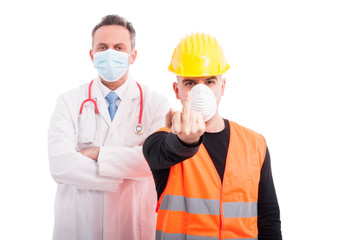 Angry doctor and constructor showing obscene gesture