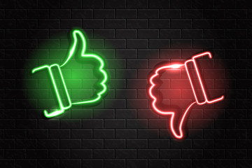 Vector thumbs up and down neon signs on the wall background.