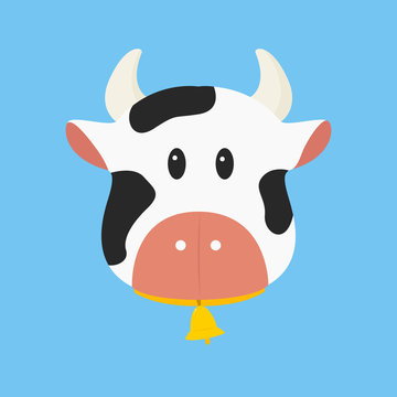black and white cow with bell vector illustration in blue background