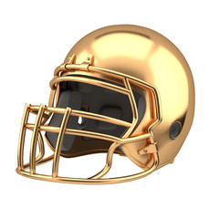 Golden American football helmet. Sport equipment. Symbol of Cup or Trophy. 3D render Illustration. Isolated on white background. © VITAMIN