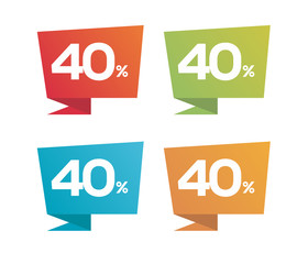 40% on colorful Red Green Blue Orange price label with percent icon isolated on white background. For summer spring autumn winter sale campaigns. 