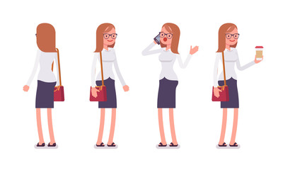Fototapeta premium Set of female clerk in standing poses, rear, front view