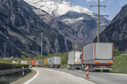 Trucks Waiting In Front Of St Gotthard Tunnel