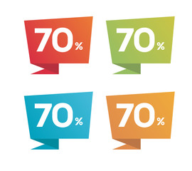70% on colorful Red Green Blue Orange price label with percent icon isolated on white background. For summer spring autumn winter sale campaigns. 