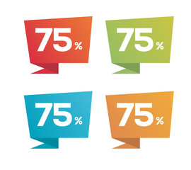 75% on colorful Red Green Blue Orange price label with percent icon isolated on white background. For summer spring autumn winter sale campaigns. 