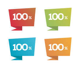 100% on colorful Red Green Blue Orange price label with percent icon isolated on white background. For summer spring autumn winter sale campaigns. 