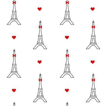 cute black white red seamless vector pattern background illustration with eiffel tower and hearts

